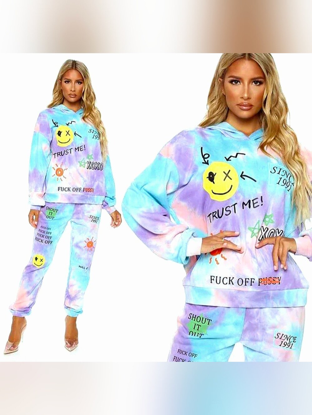 Fashion Nova Since 1991  Lavendar Combo TieDye Graphic Jogger Hoodie Set 1X NWOT